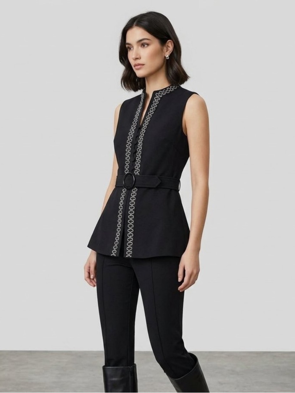 Sleeveless Black Belted A-Line top with Chain-Trim
Small